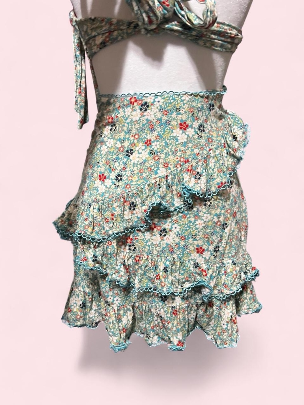 Small Strapless Floral Ruffle Mini Dress - Turquoise - Picture 6 of 8